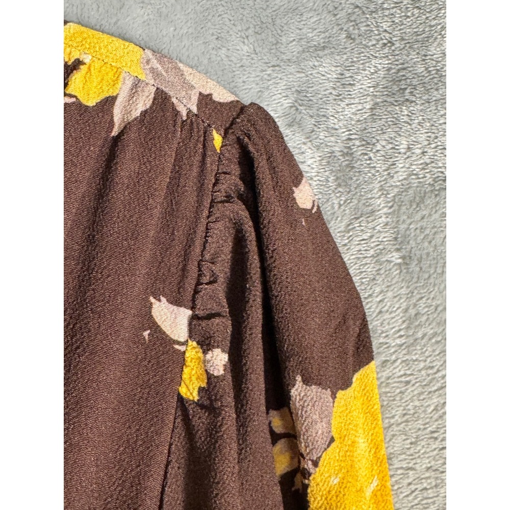 WAYF Brown Yellow Floral Smocked Waist V-Neck Long Sleeve Mini Dress Small - Picture 7 of 13